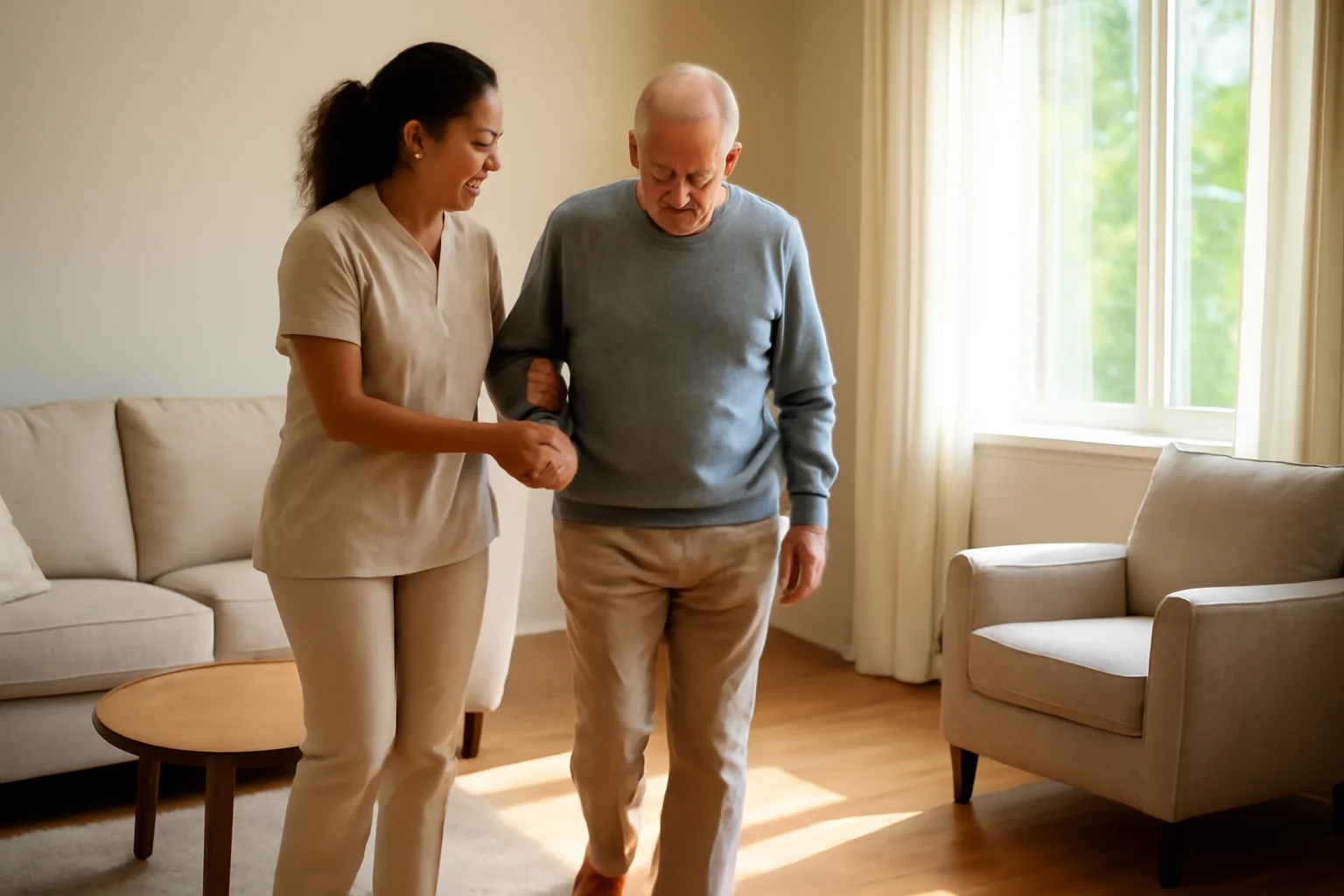 Caregiver assisting an older adult in a bright assisted living facility living room