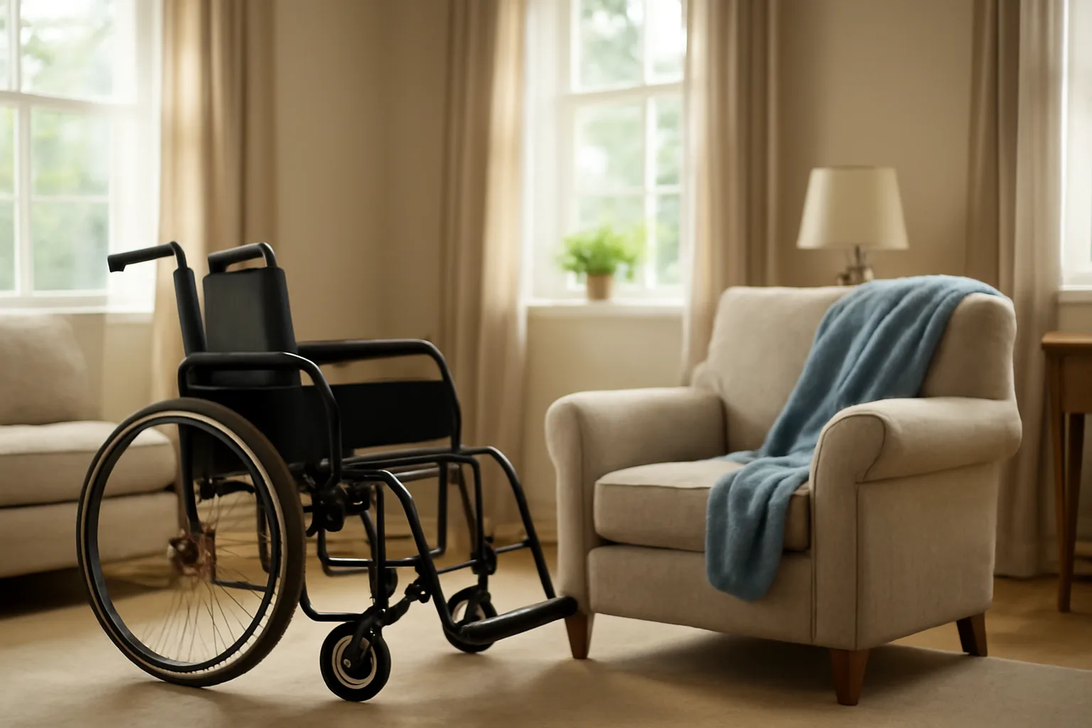 Sunlit living room in a Texas assisted living facility with an empty wheelchair and armchair
