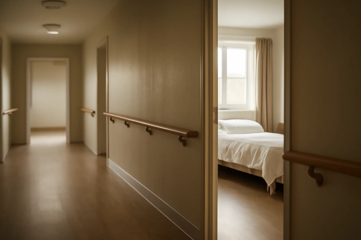 Quiet hallway inside a licensed Virginia assisted living facility in morning light