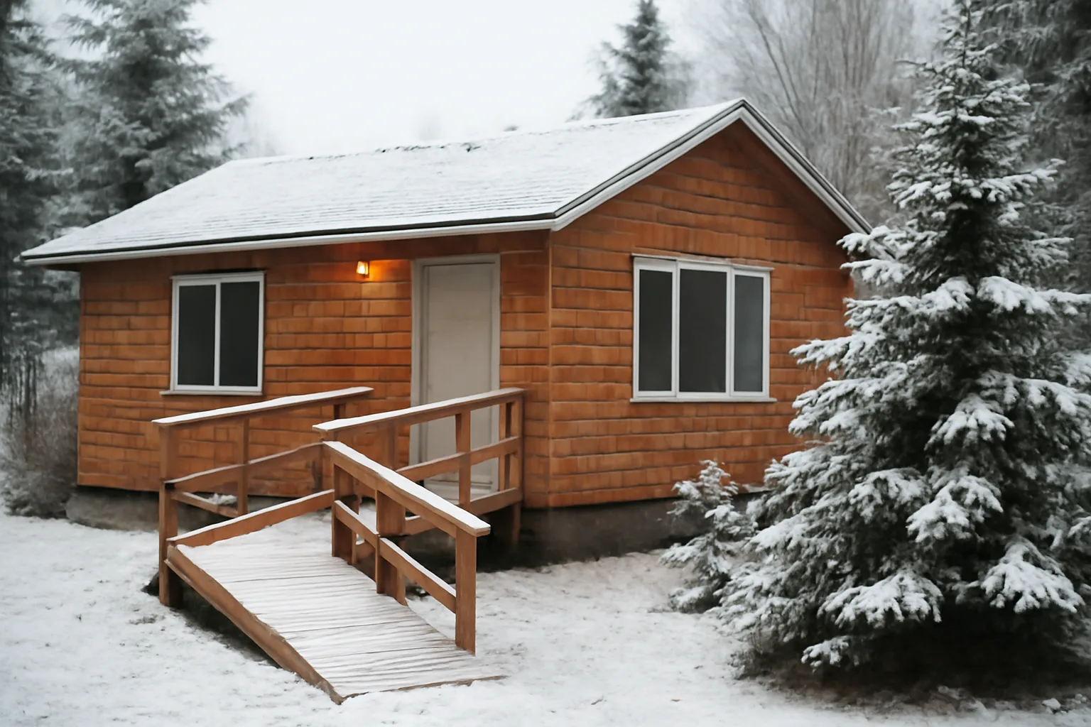 Residential assisted living home exterior in Alaska with ramp and evergreen trees