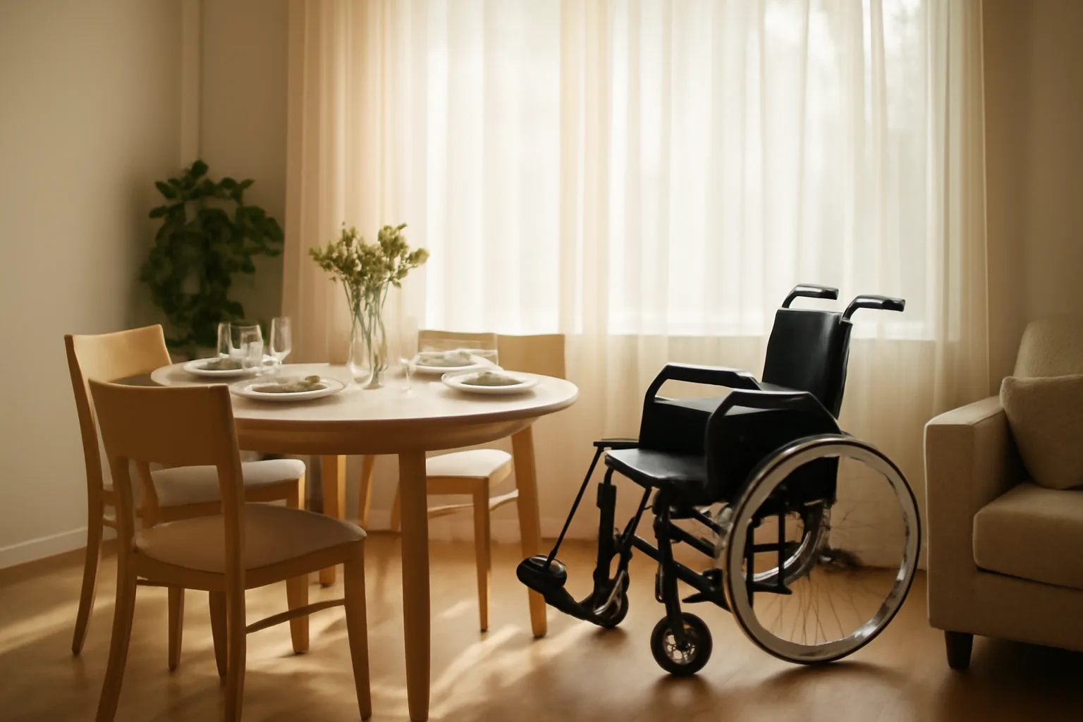 Sunlit common room in a residential assisted living and group home setting