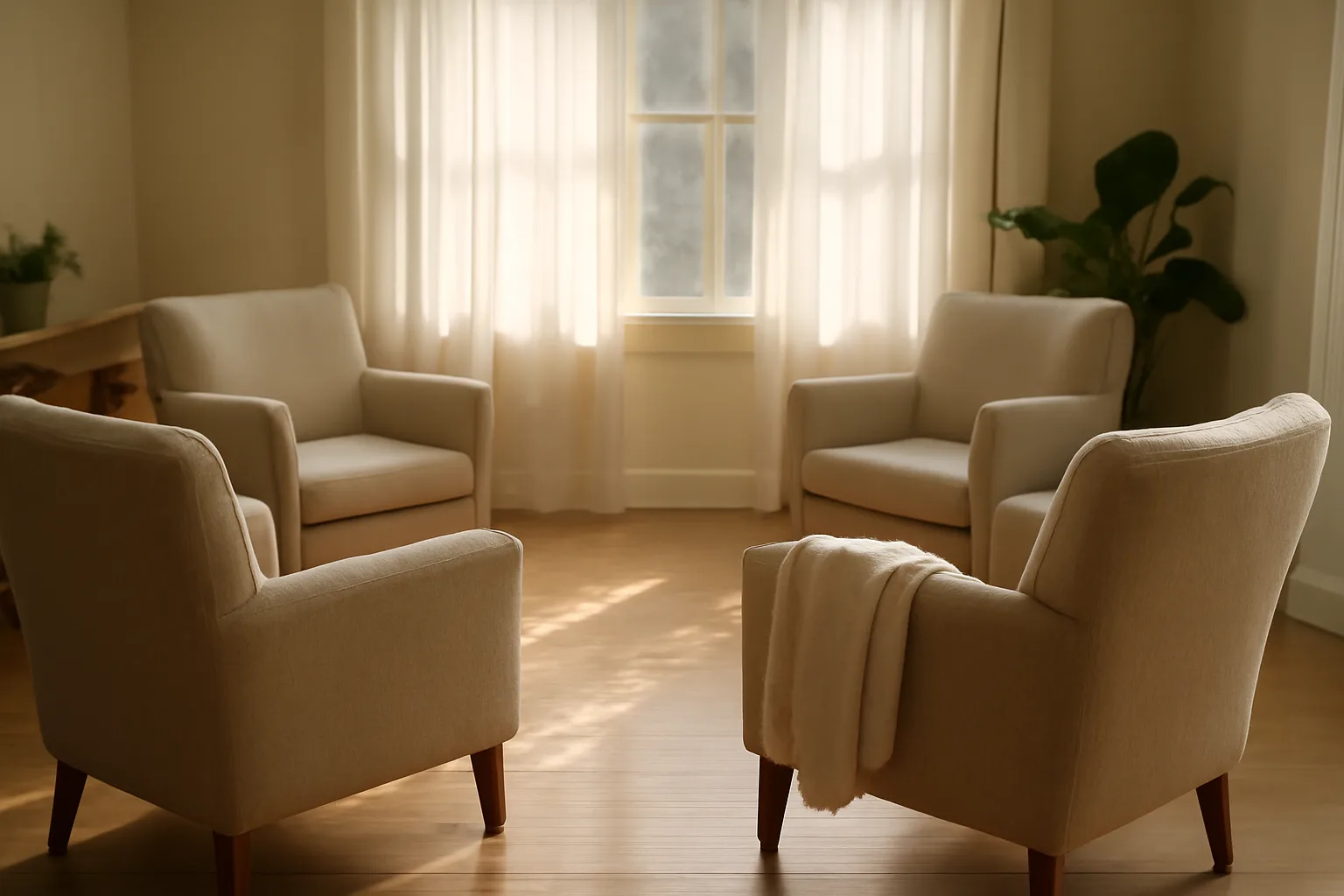 Empty sunlit living room in a licensed assisted living residential home