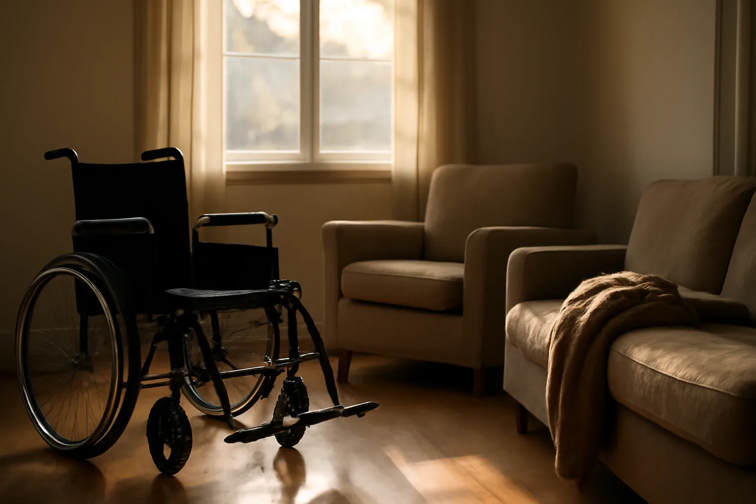 Sunlit common room in a California residential care home for the elderly