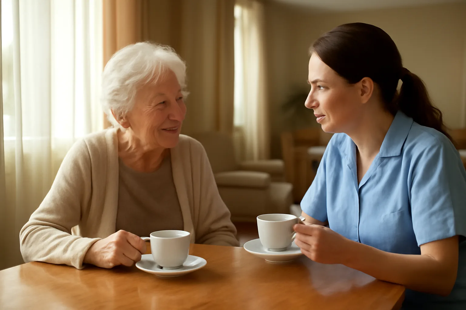 Caregiver and senior resident sharing tea in a sunlit assisted living common room