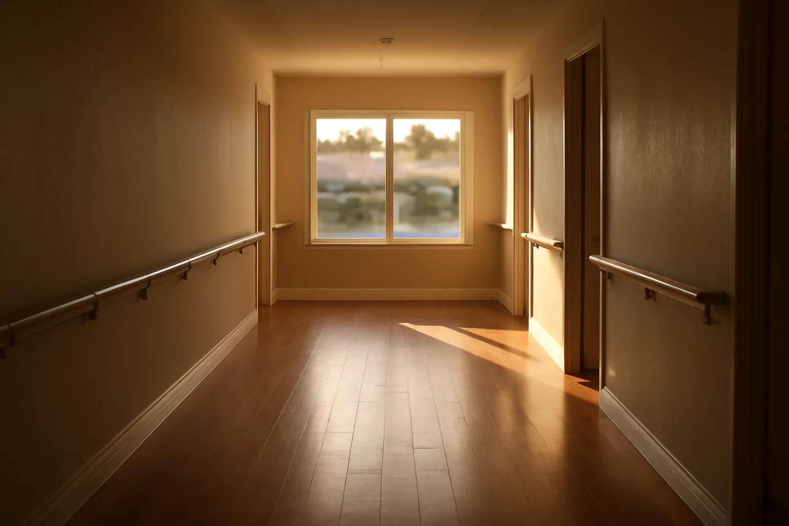 Sunlit hallway with handrails inside a California assisted living residential care home