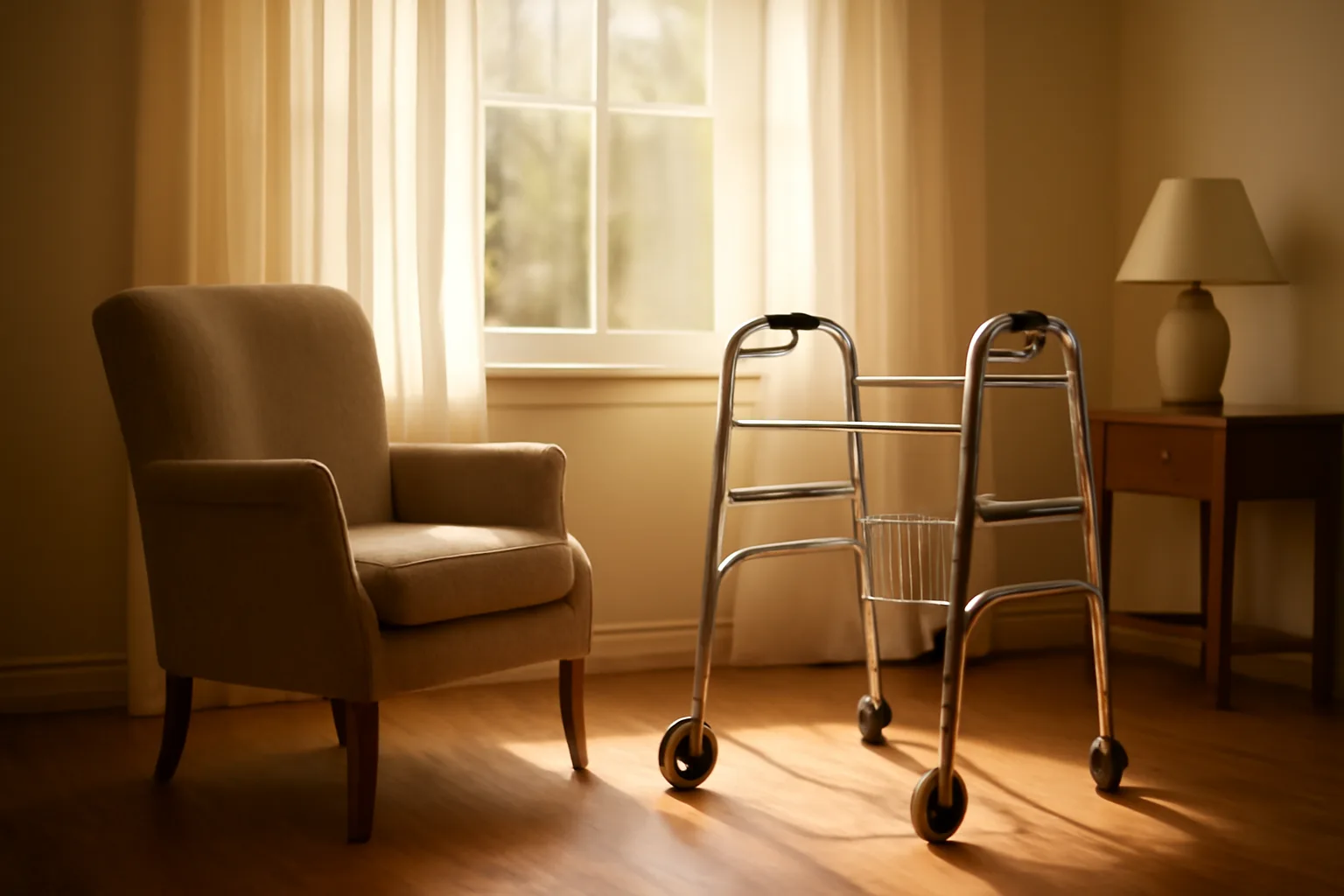 Sunlit common room in a small assisted living center with an empty armchair and walker