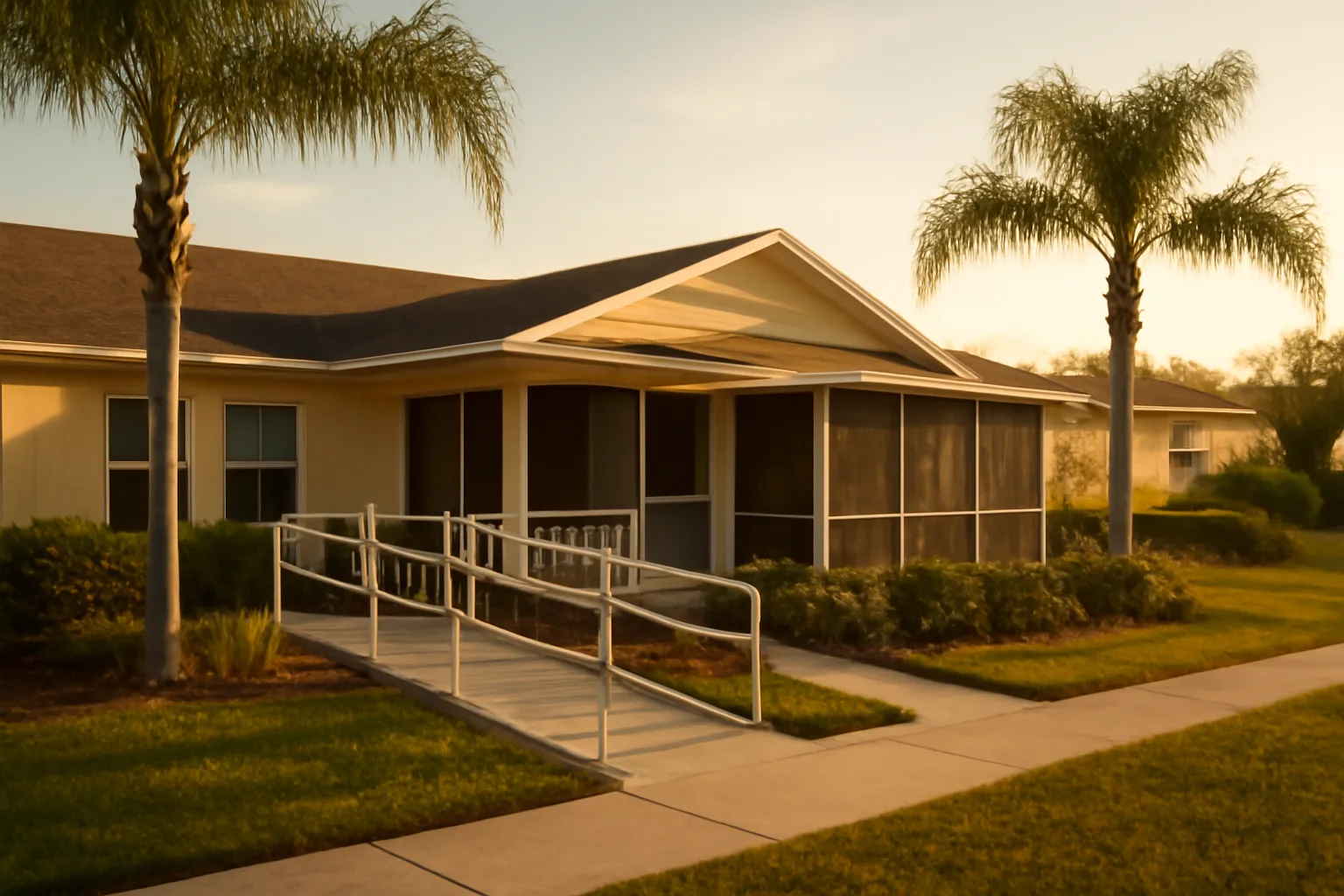 Single-story assisted living home in Central Florida with palm trees and a wheelchair ramp at dusk