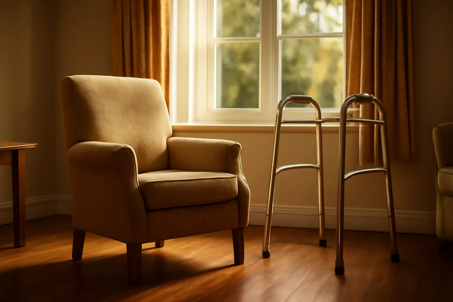 Sunlit living room in a small California residential care home with an empty armchair and walker