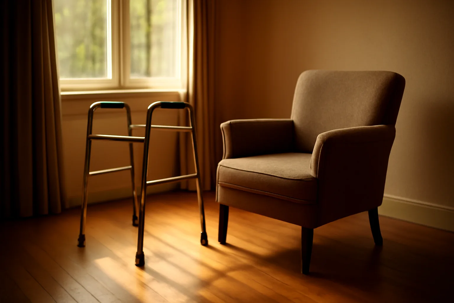 Sunlit living room in a Florida assisted living community with an armchair and walker