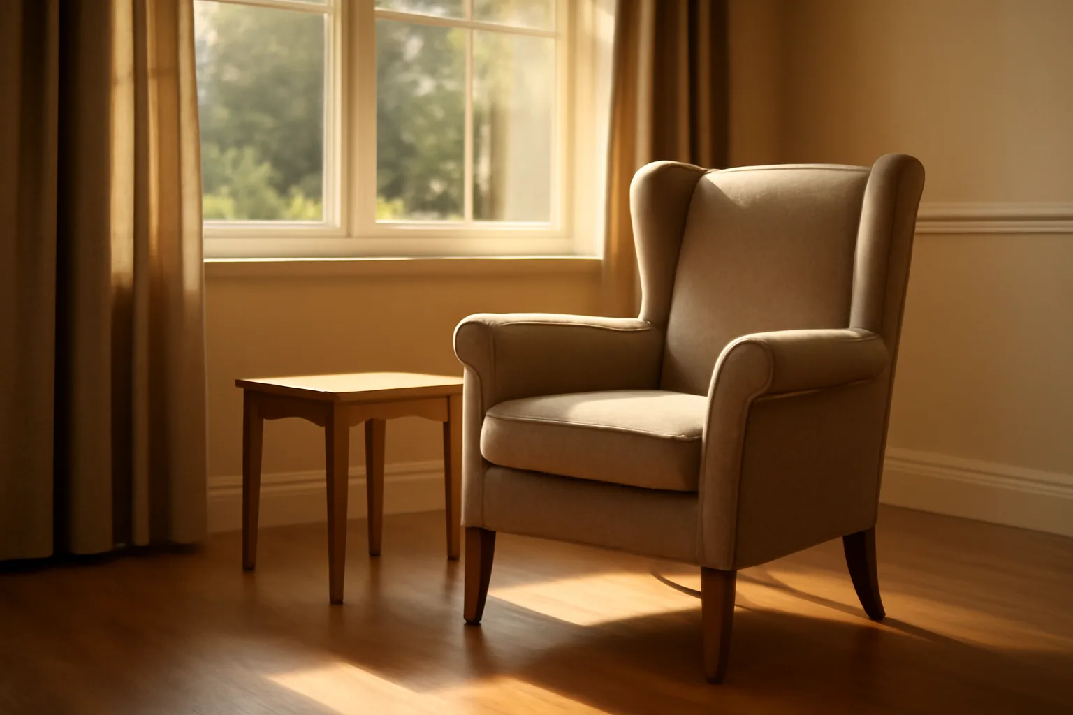Sunlit living room in a Virginia assisted living community with an empty armchair