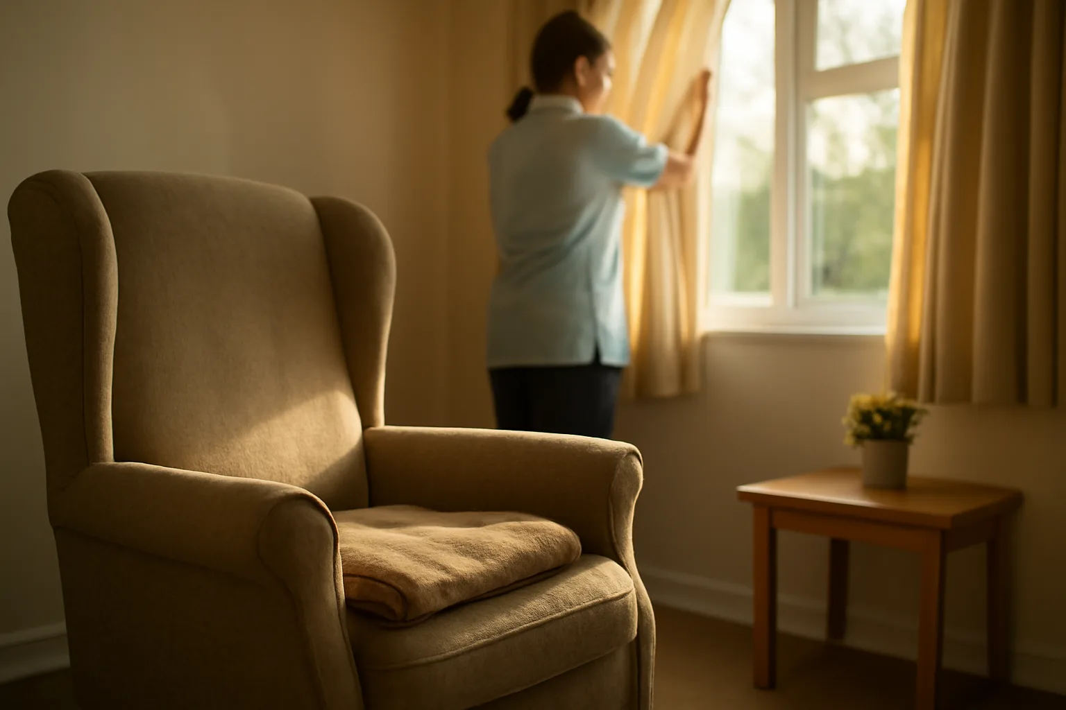 Sunlit living room in a residential assisted living care home with an empty armchair