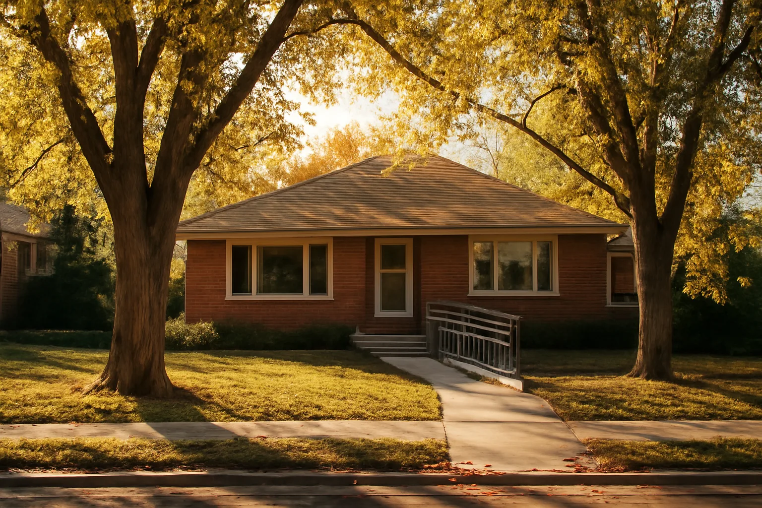 Single-story brick home with accessible ramp on Denver residential street
