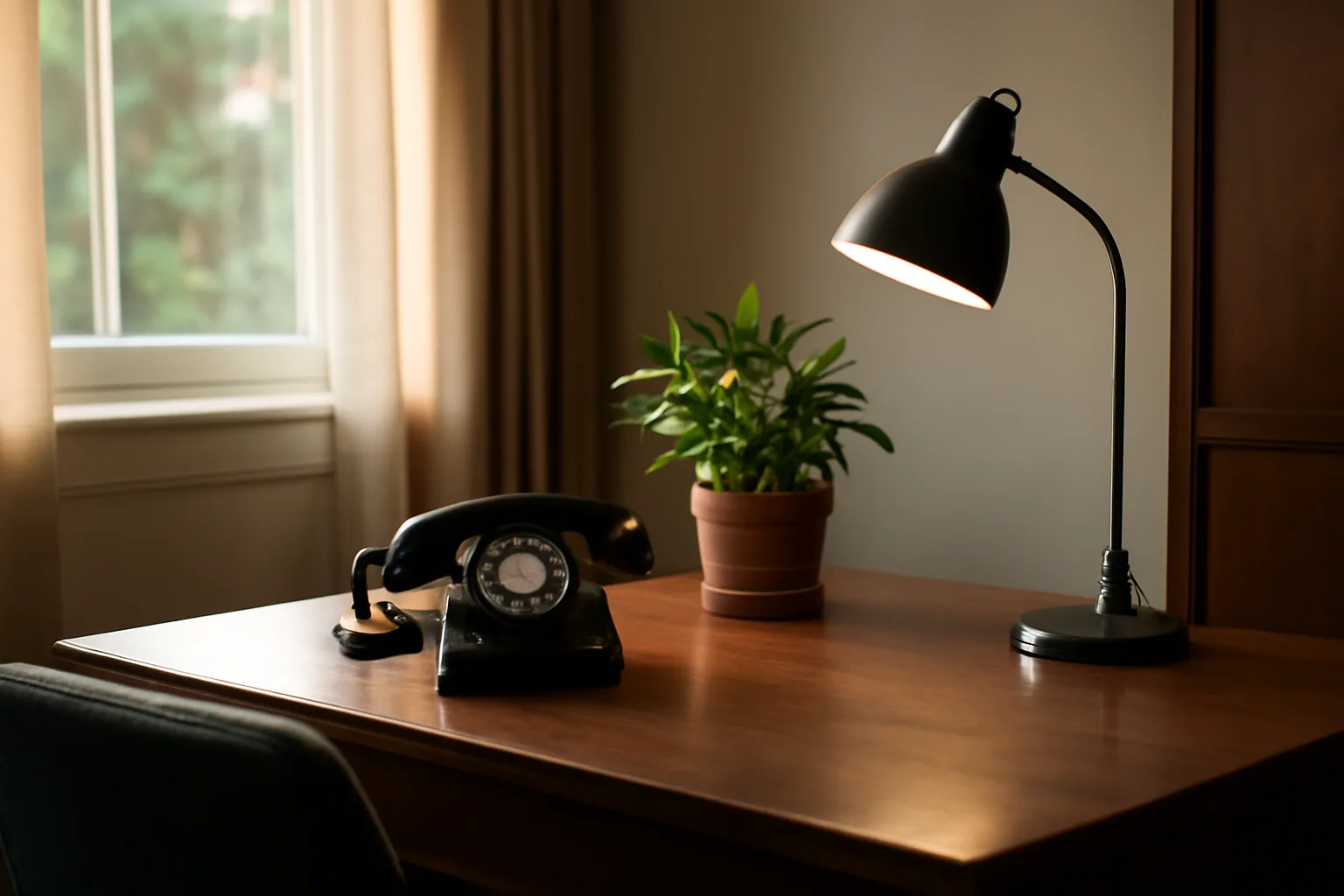 Office desk in an assisted living facility administrator's workspace with morning light