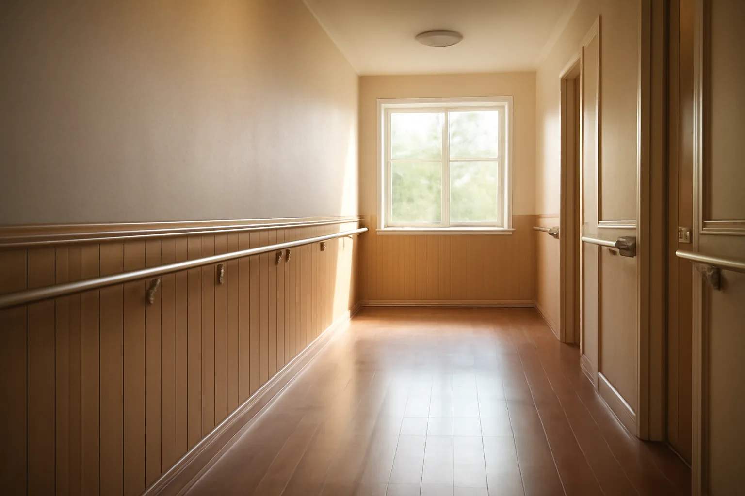 Hallway inside a Minnesota assisted living facility showing accessible handrail and natural light