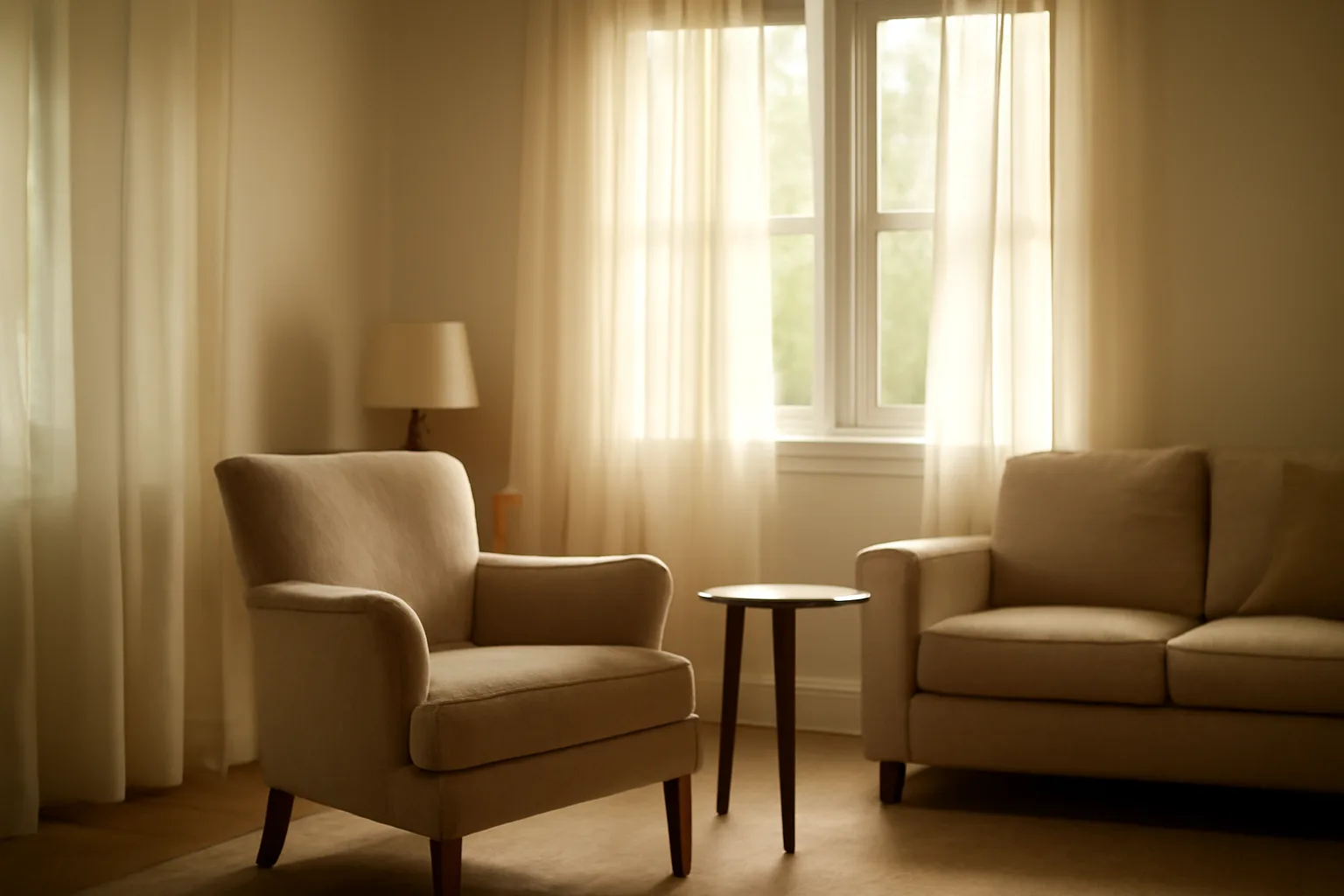 Sunlit living room in a residential care home setting with an empty armchair