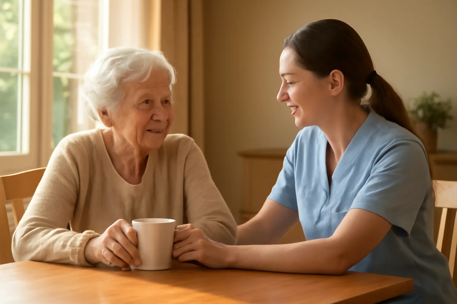 Caregiver and elderly resident at a table in an assisted living home