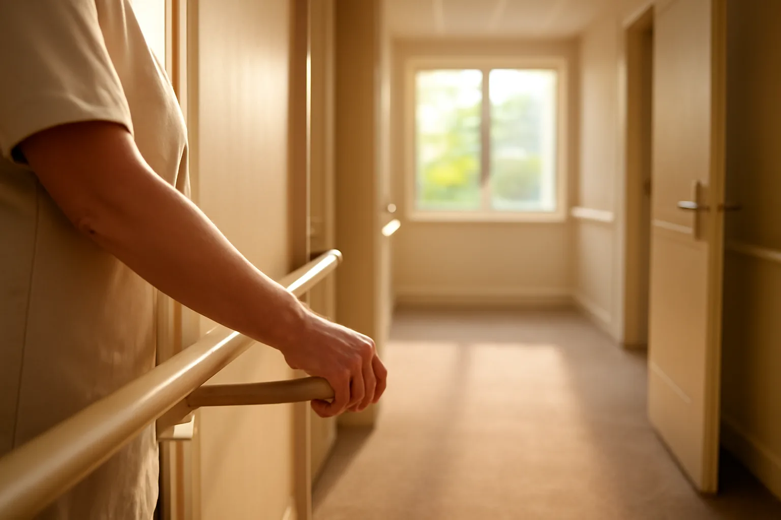 Caregiver adjusting handrail in a sunlit assisted living facility hallway