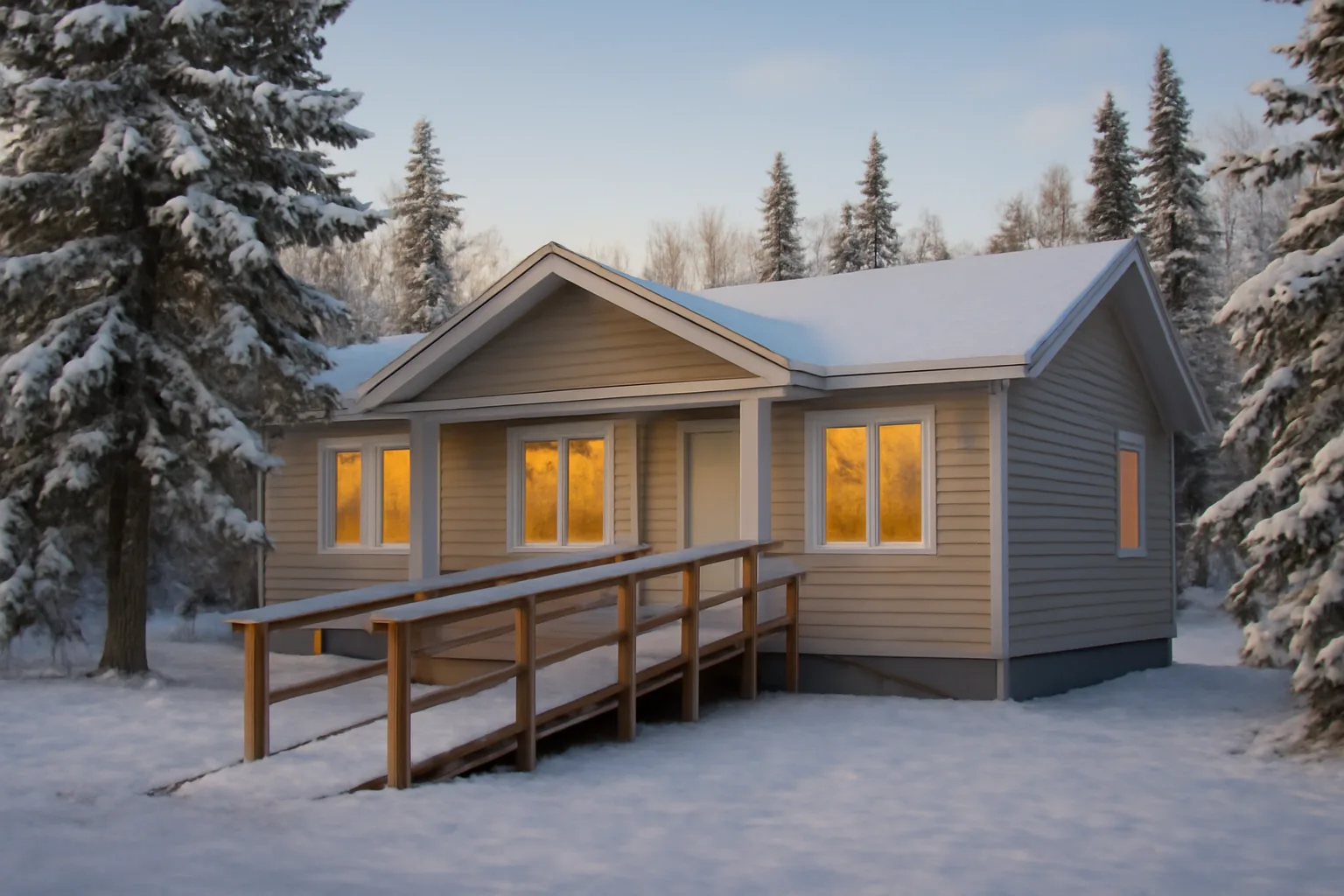 Small assisted living home exterior in Alaska with ramp and snowy trees