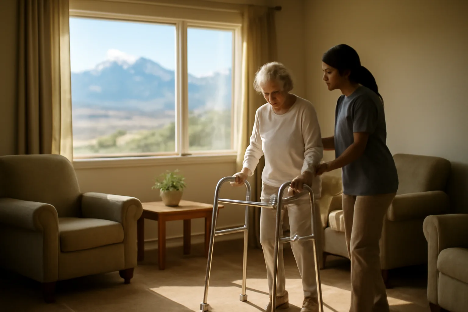 Caregiver assisting a senior resident in a bright assisted living facility common room in Colorado