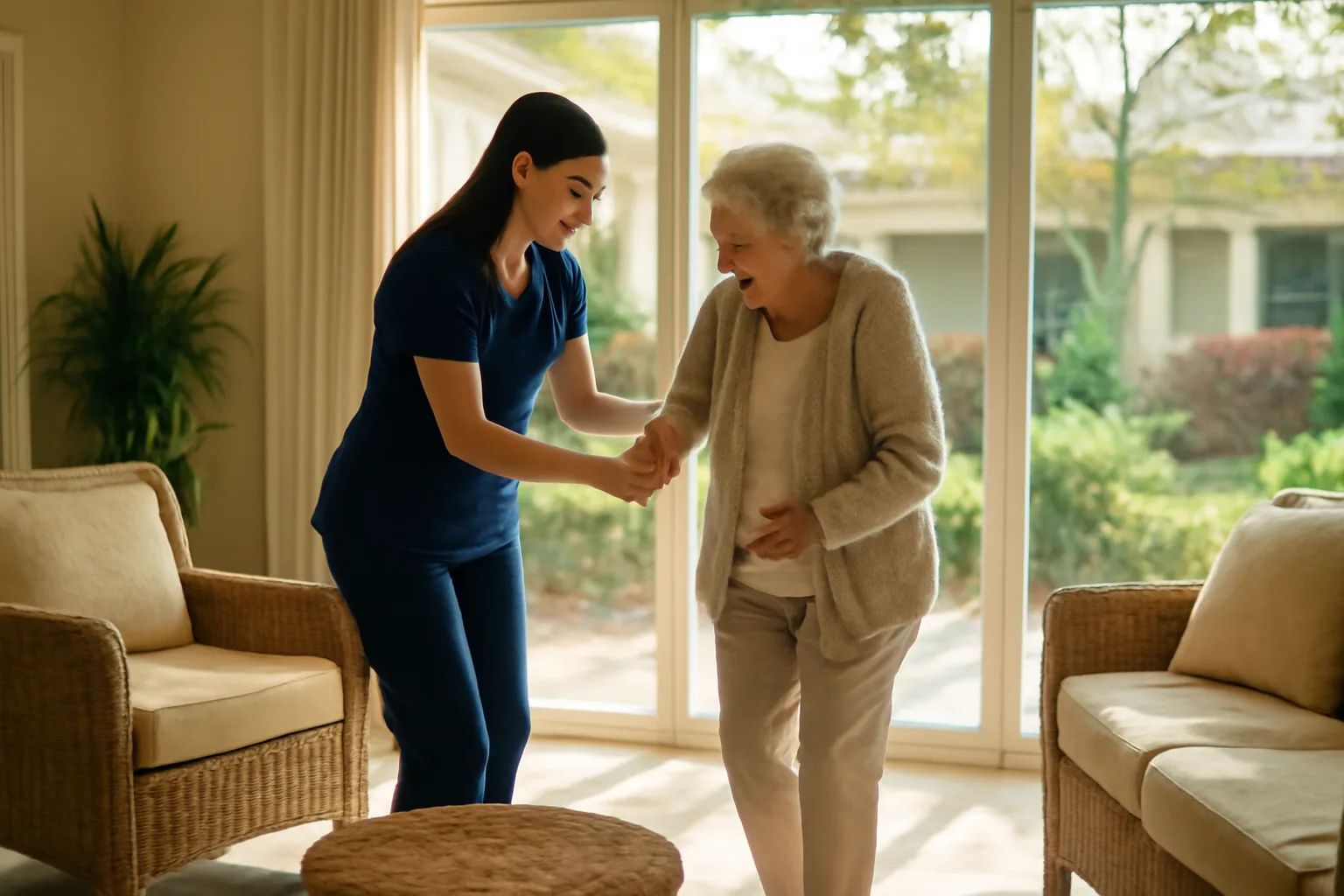 Caregiver helping an elderly resident in a sunny Florida assisted living facility common room