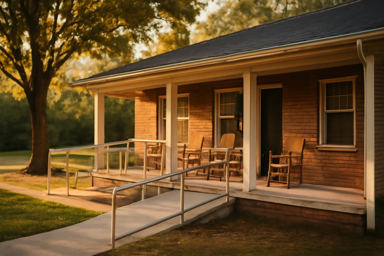 Brick assisted living facility exterior in Virginia with ramp and porch seating