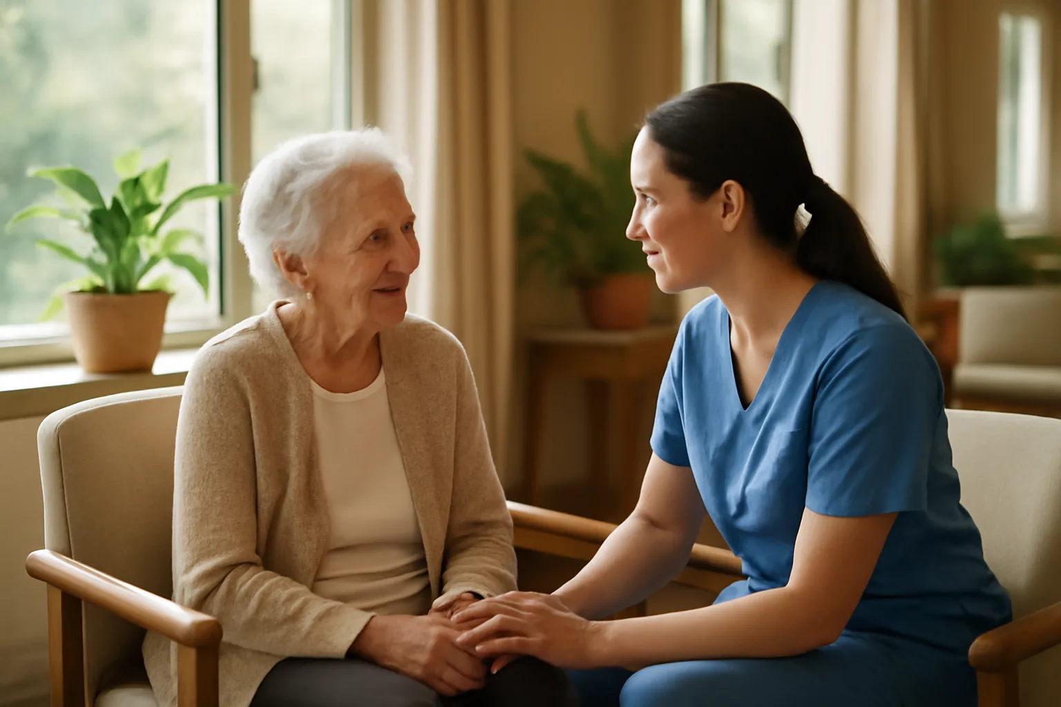 Elderly resident and caregiver talking in a sunny assisted living facility common room