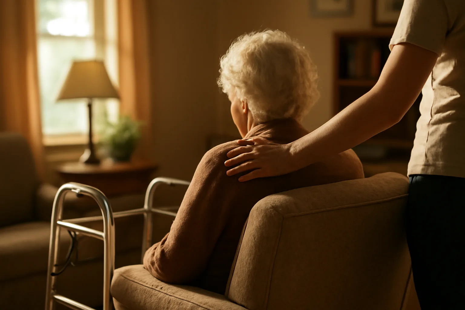 Caregiver and older resident in a home-style Illinois assisted living facility living room