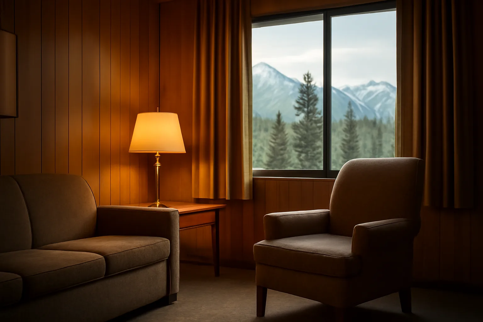 Living room in an Alaska assisted living home with mountain view through window
