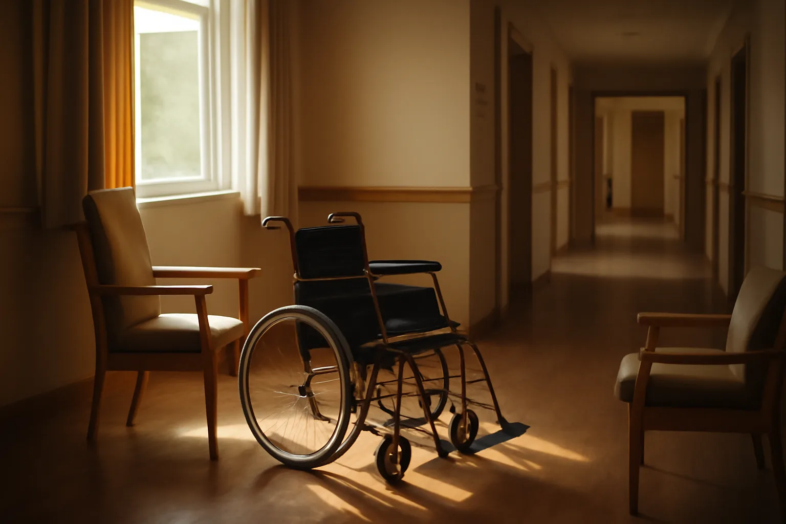 Sunlit common room hallway inside a Florida assisted living facility with no people present