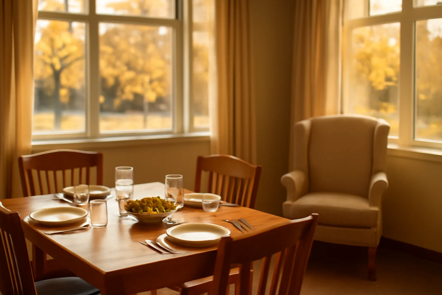 Sunlit common dining room in an Illinois assisted living facility with an empty armchair by the window