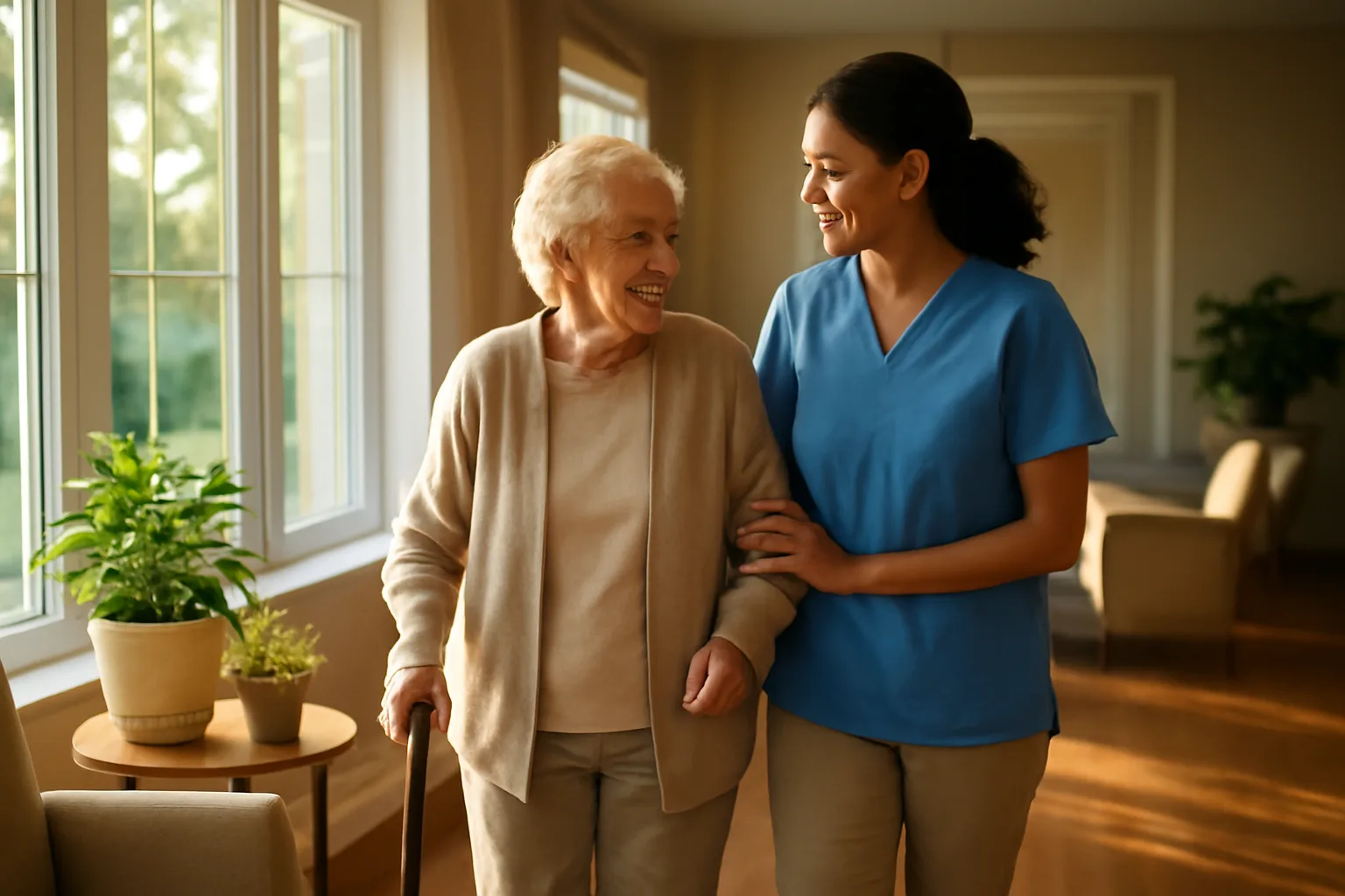 Caregiver walking with an older resident in a Virginia assisted living facility common room