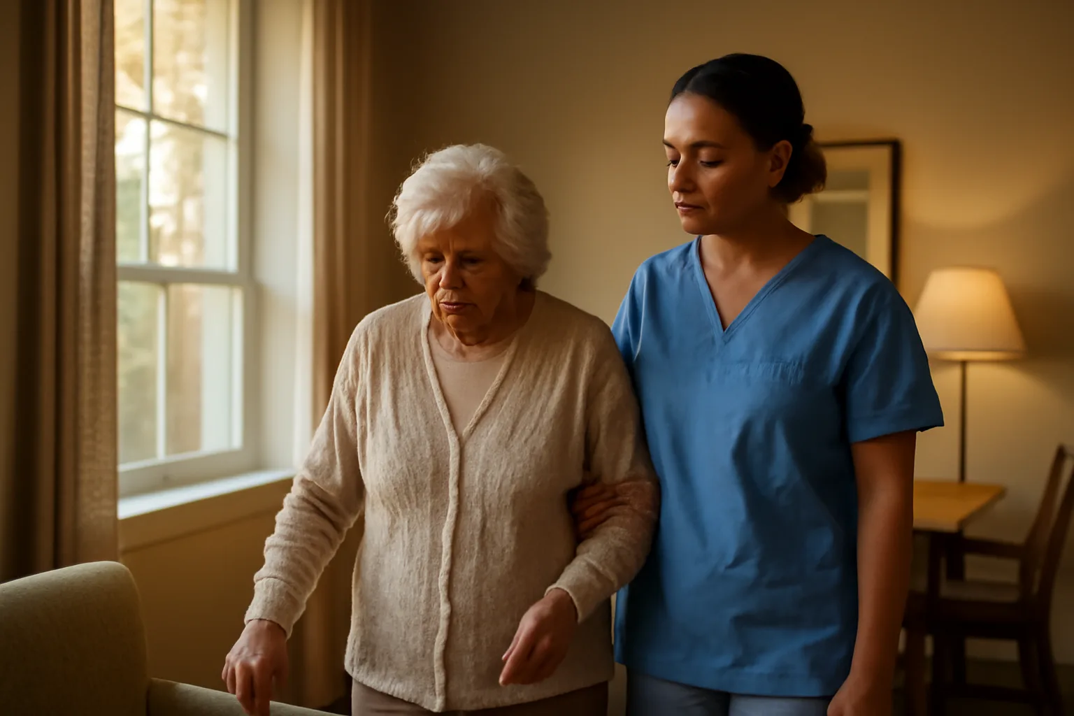 Caregiver walking with an elderly resident through a sunlit assisted living facility common room