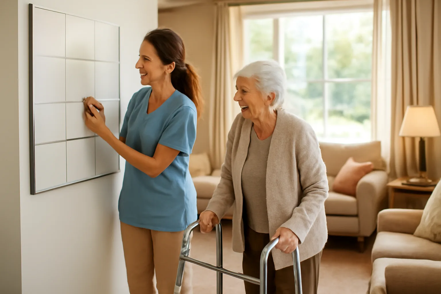 Caregiver and resident in a sunlit assisted living facility common room