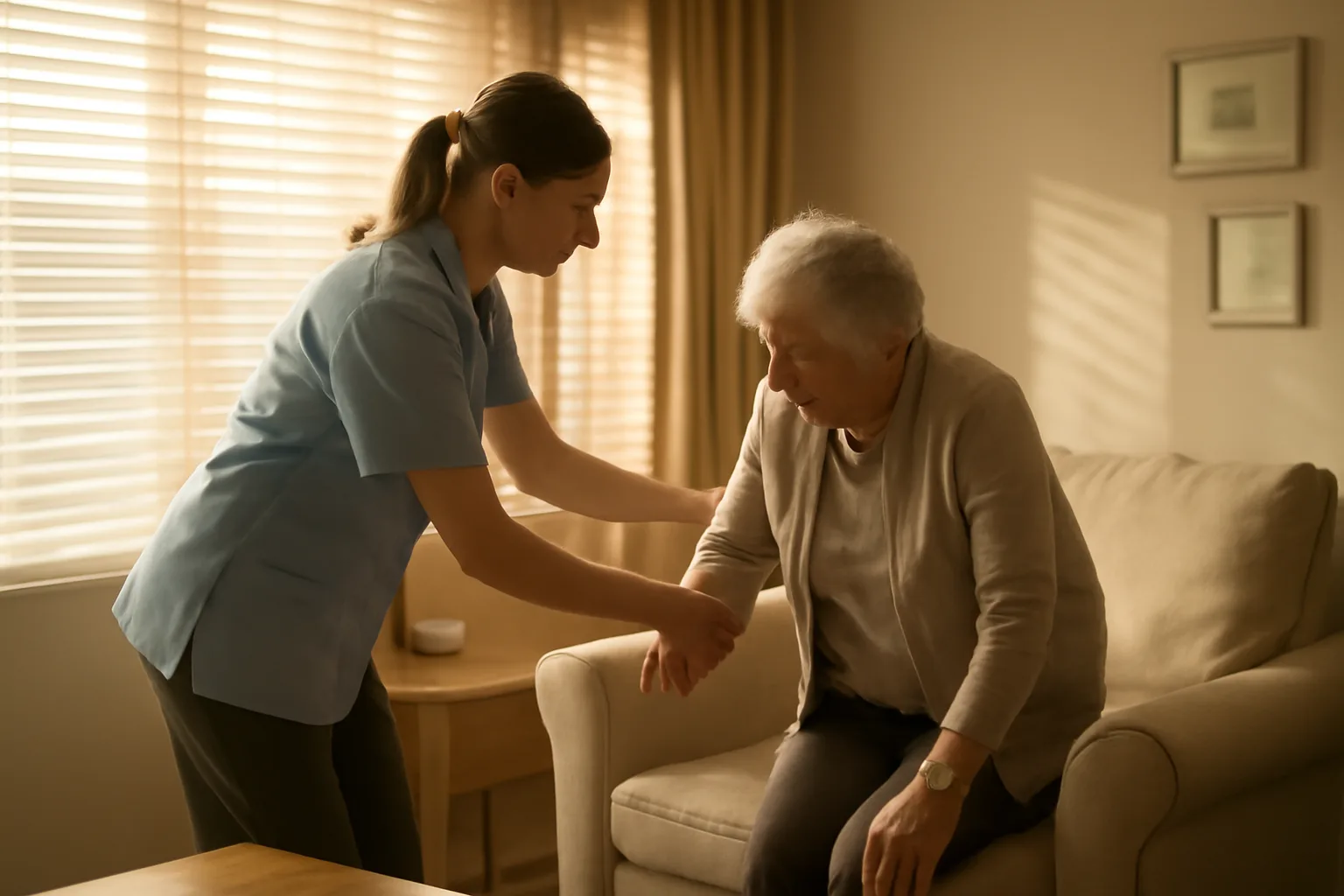Caregiver helping an elderly resident stand in a sunlit assisted living facility living room