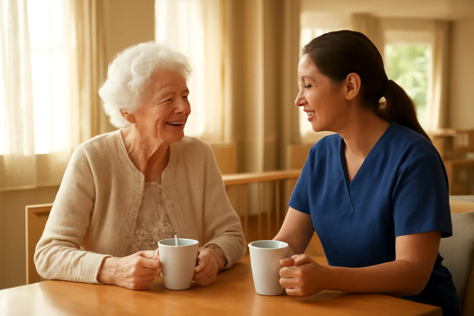 Caregiver and senior resident talking in a sunny assisted living facility common room