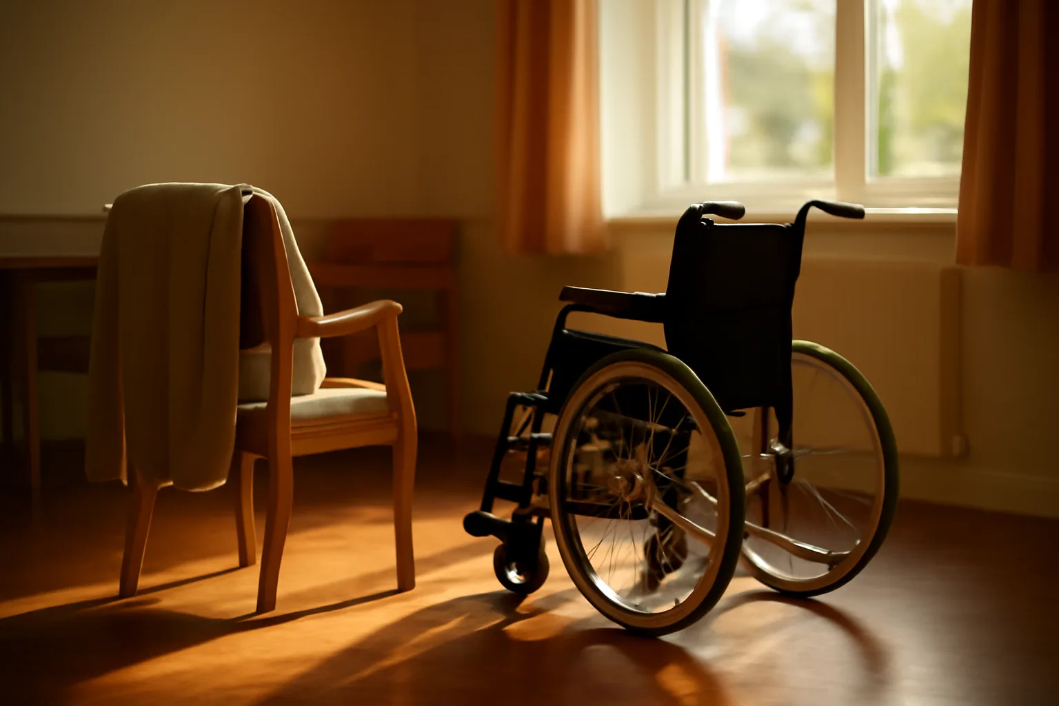 Sunlit common room in a residential assisted living facility with an empty wheelchair by the window
