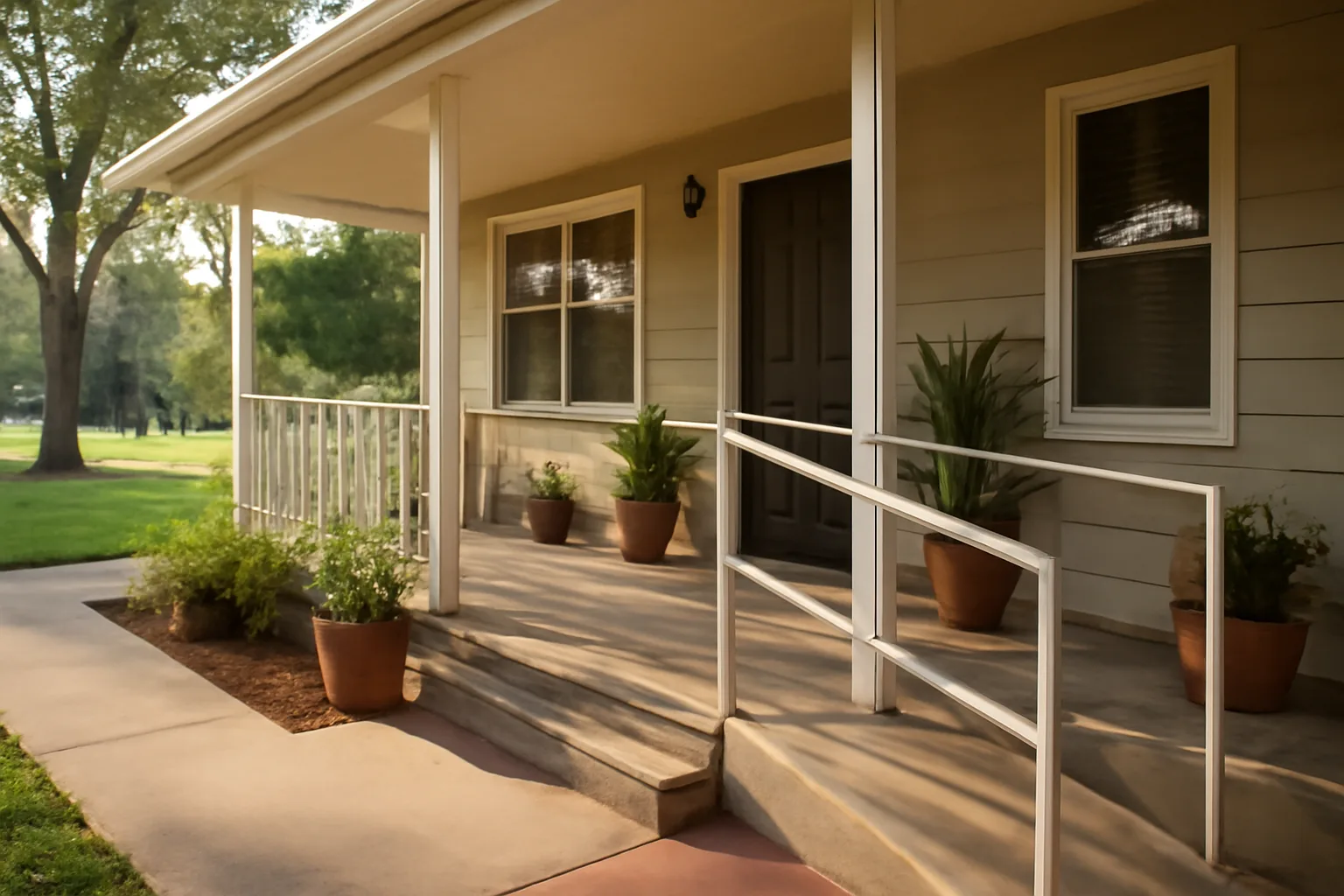 Accessible California residential care home front entrance with ramp and porch