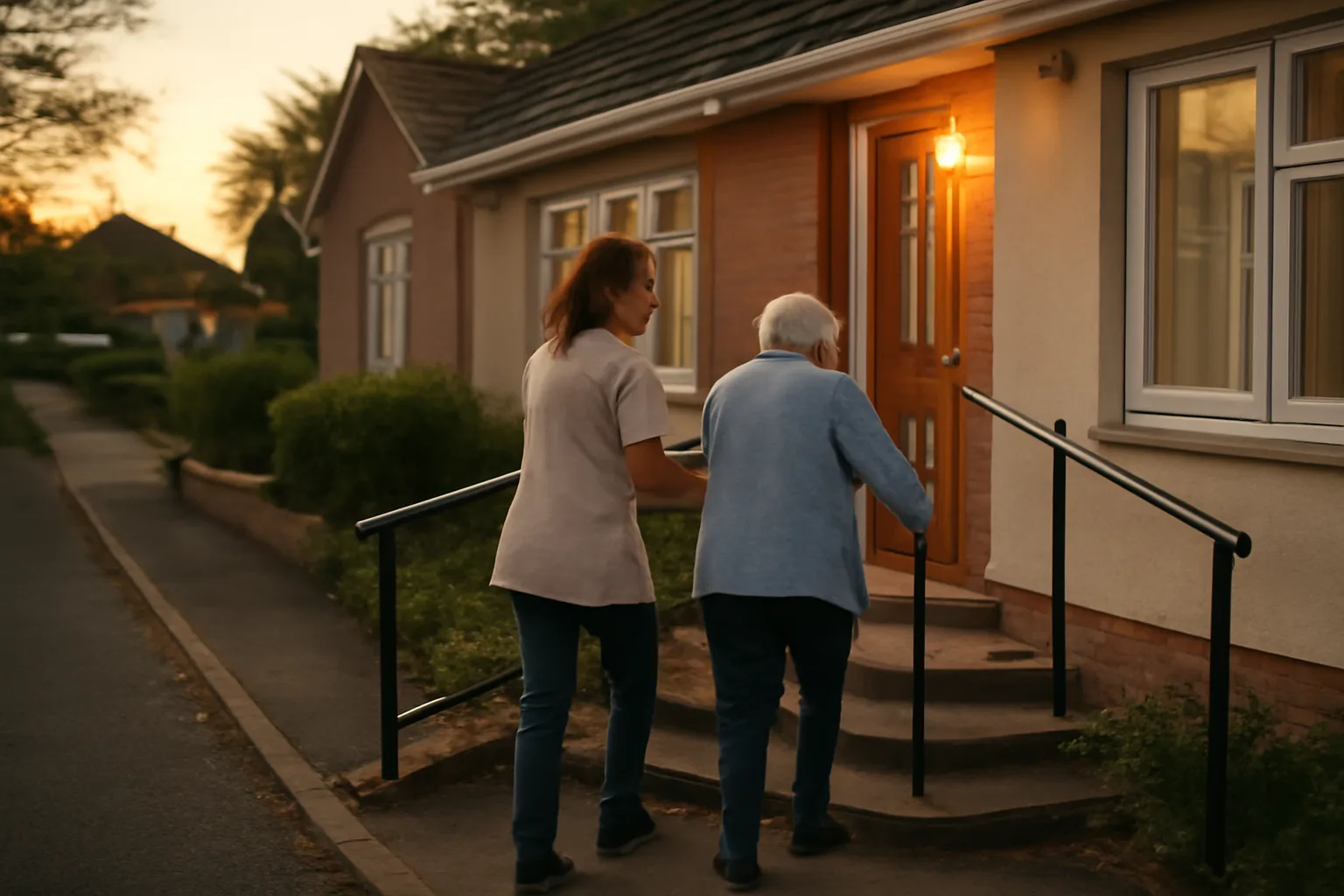 Caregiver assisting resident at entrance of a licensed assisted living facility home