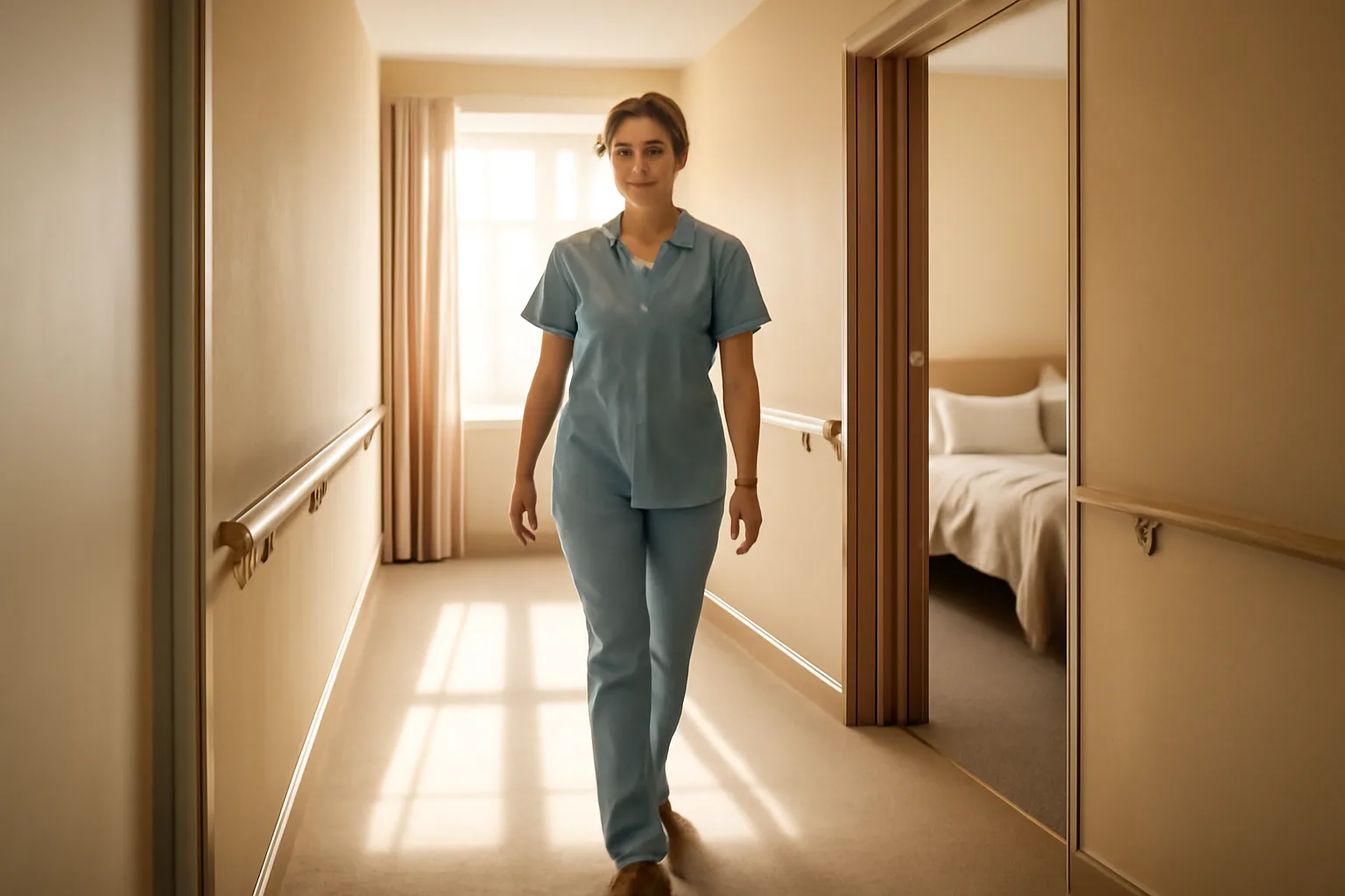 Caregiver walking down a bright hallway inside a licensed assisted living facility