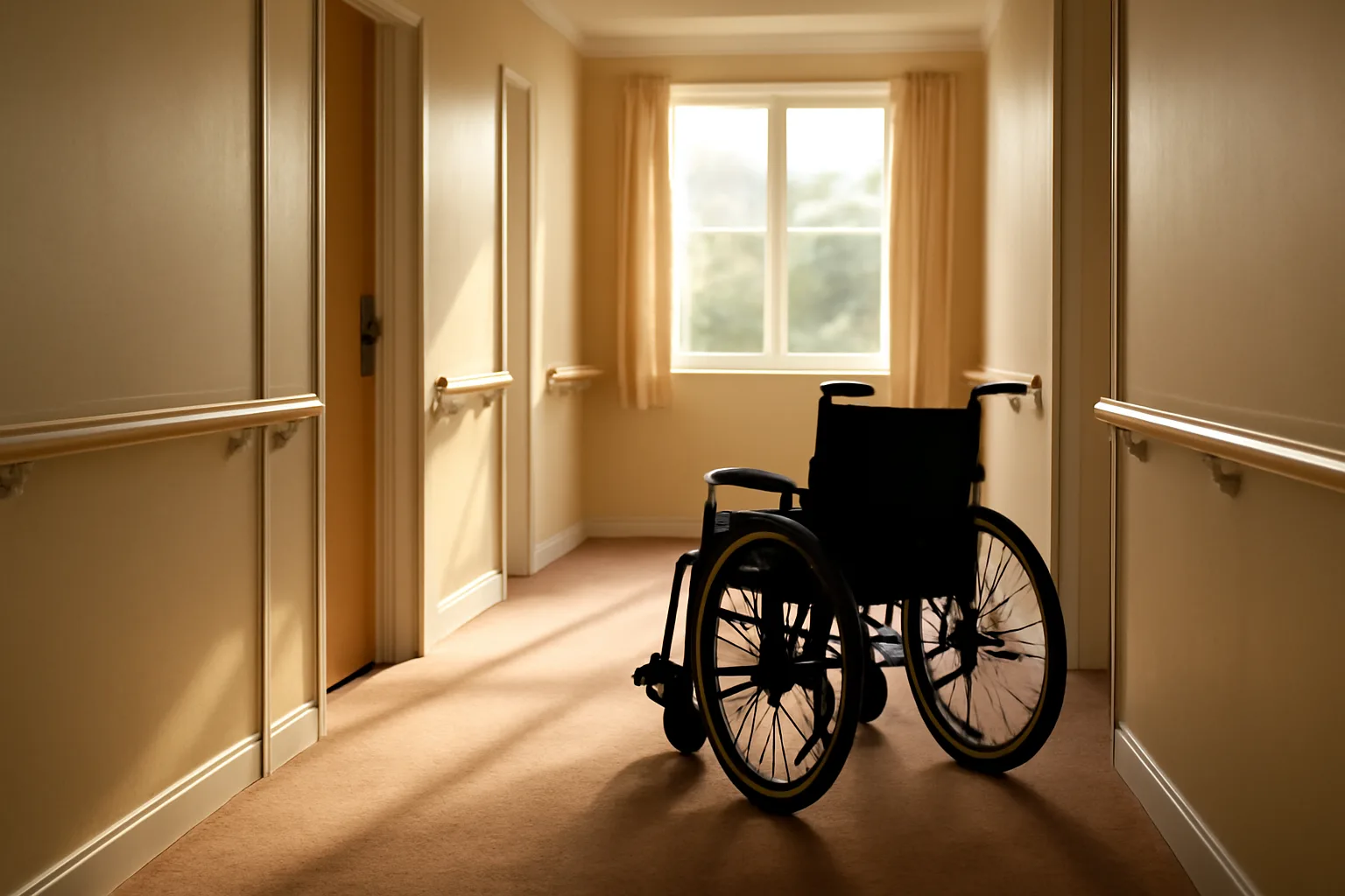Bright hallway inside a licensed assisted living facility with handrails and an open bedroom door