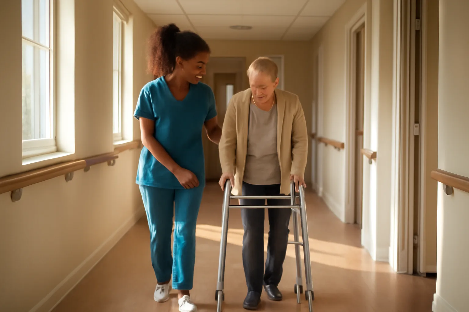 Caregiver walking with elderly resident down a bright assisted living facility hallway