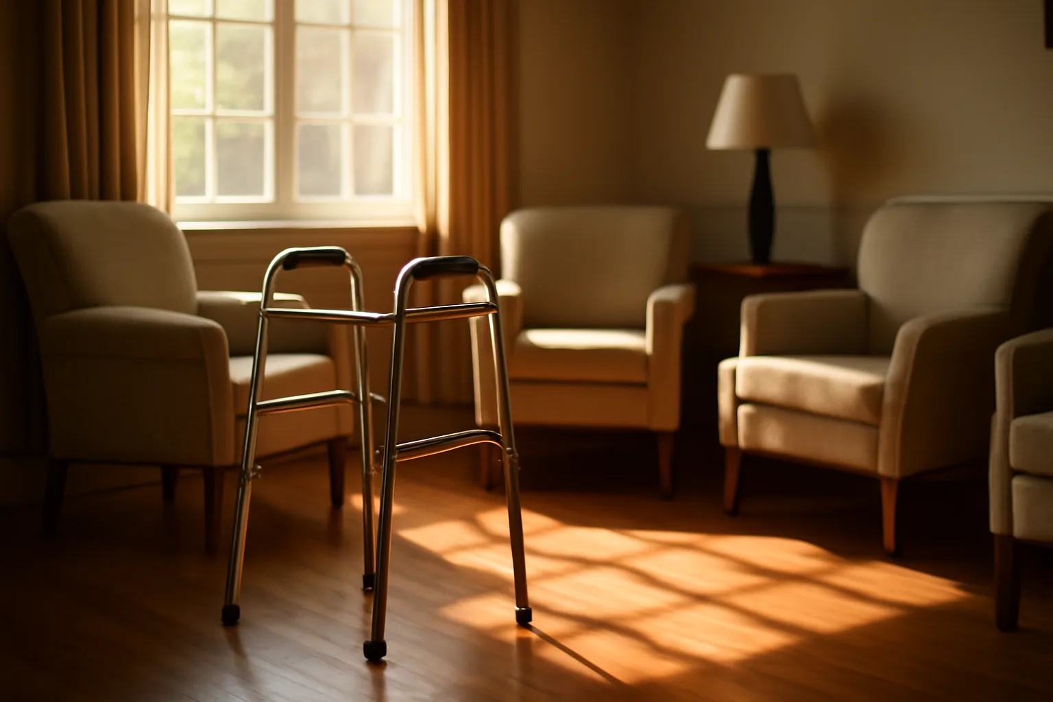 Sunlit common room in a Florida assisted living facility with armchairs and a walker