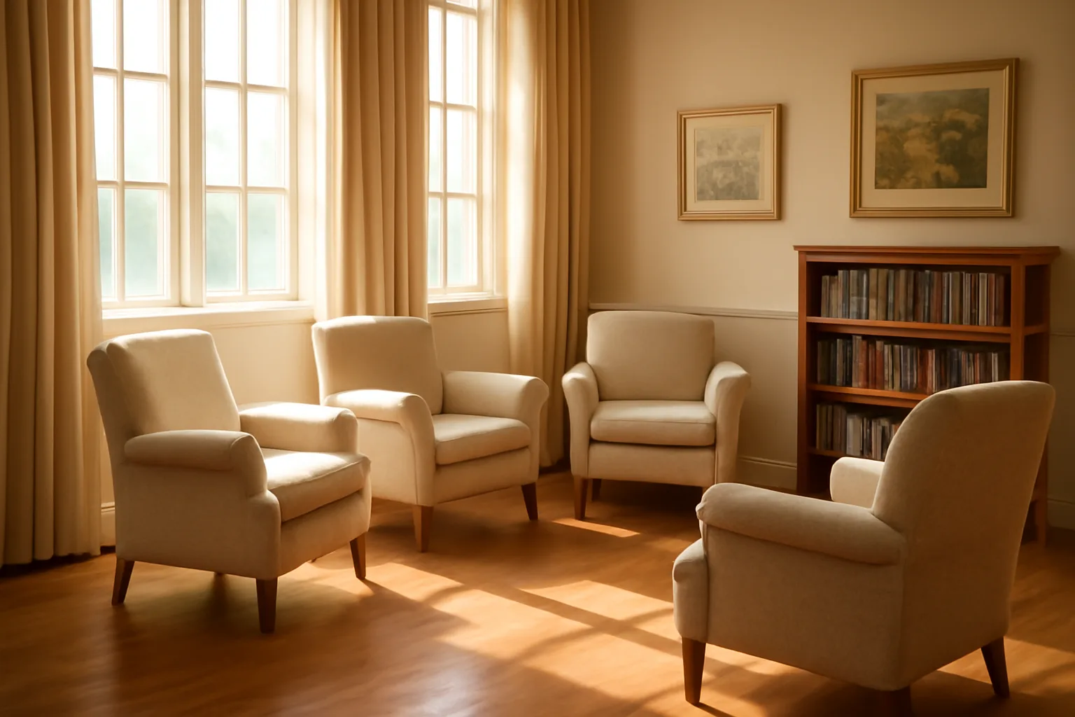 Sunlit assisted living common room with chairs and bookshelf