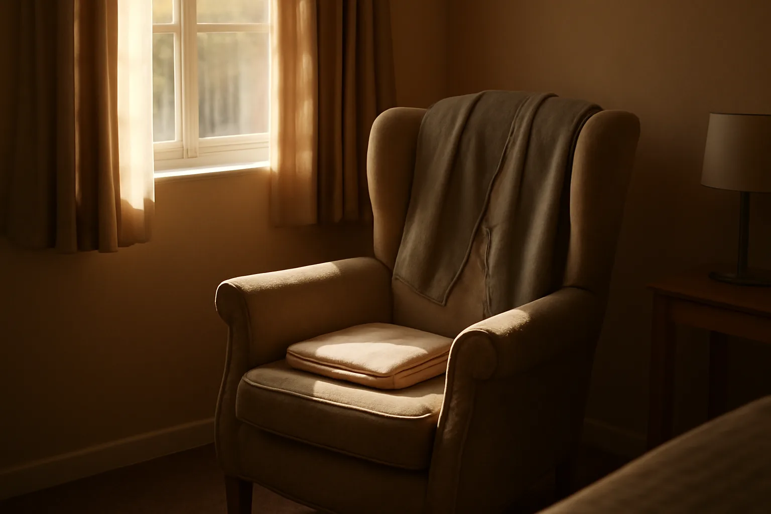 Sunlit living room in a small residential assisted living facility with empty armchair