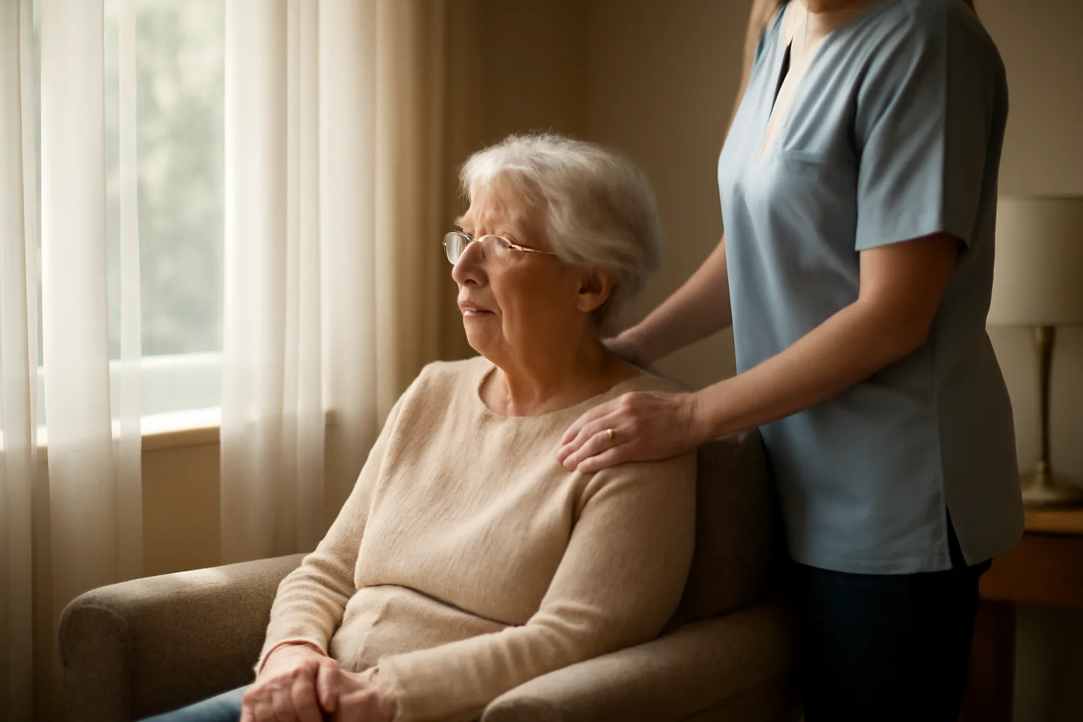 Caregiver assisting an older resident in a sunlit assisted living facility living room