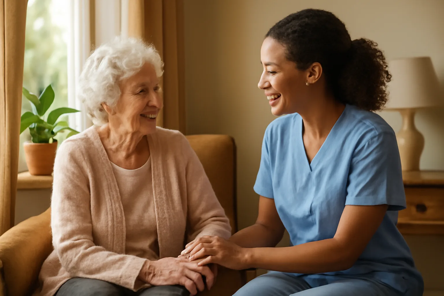 Caregiver and elderly resident sitting together in a sunlit assisted living home living room