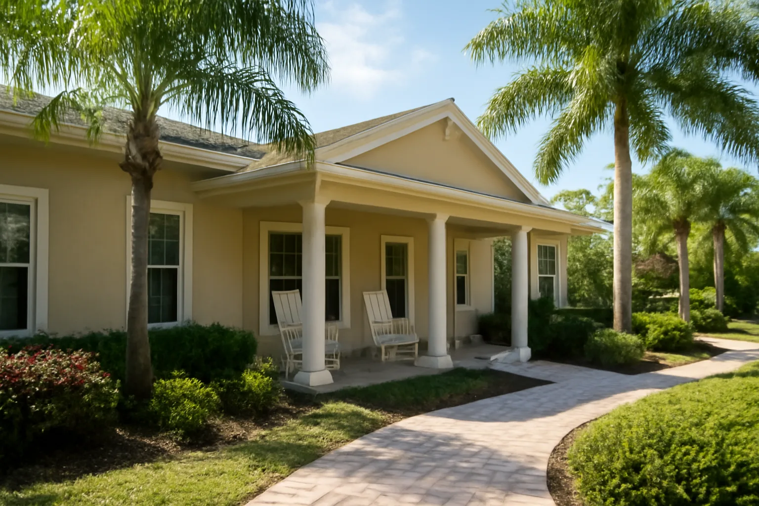 Florida assisted living facility exterior with porch and palm trees in daylight