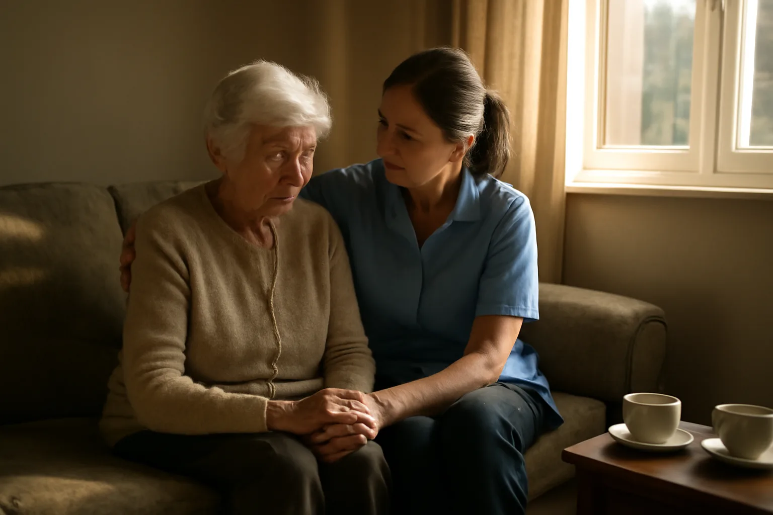 Caregiver sitting with an elderly woman in a sunlit assisted living home living room