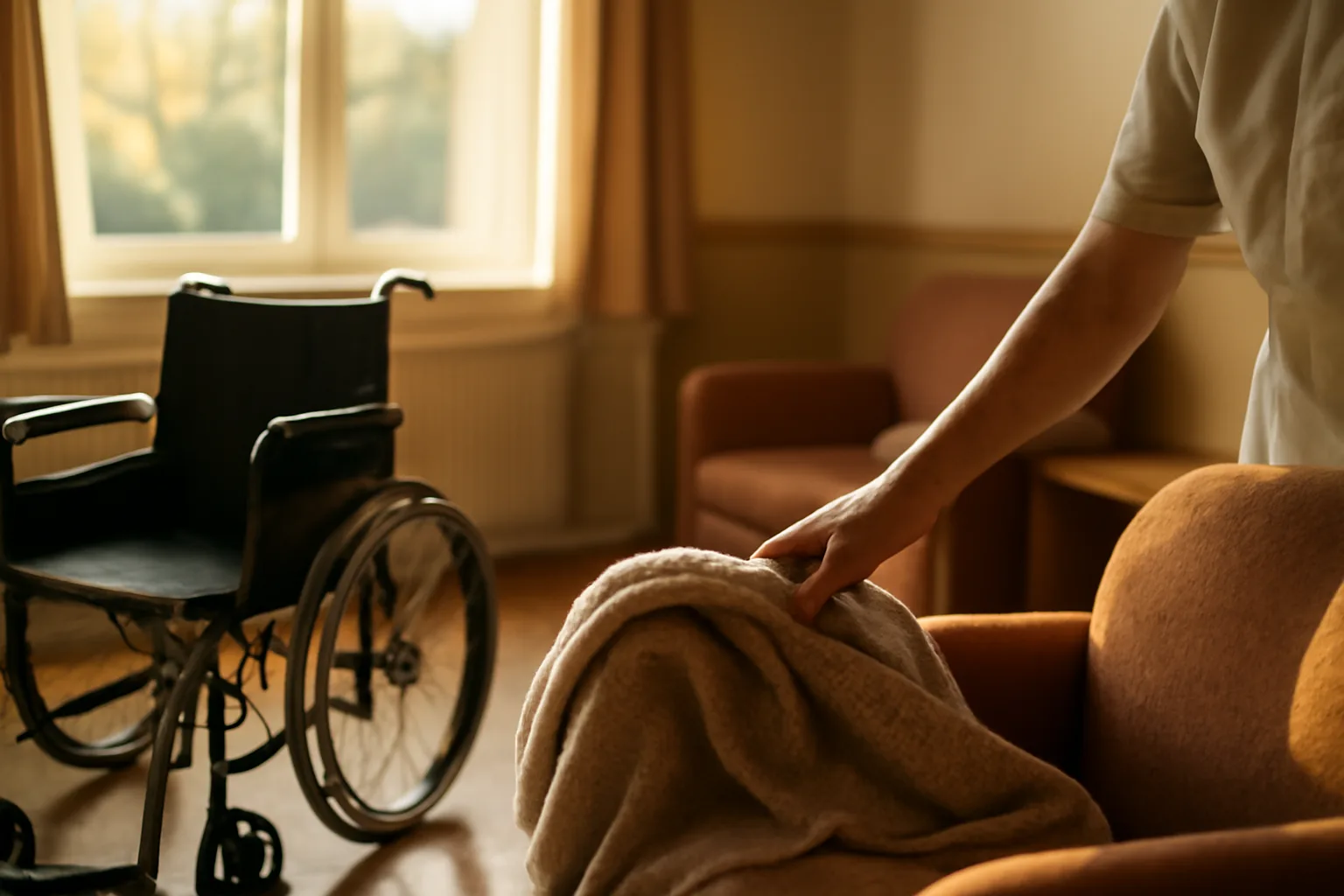 Sunlit common room in a small assisted living residential care home