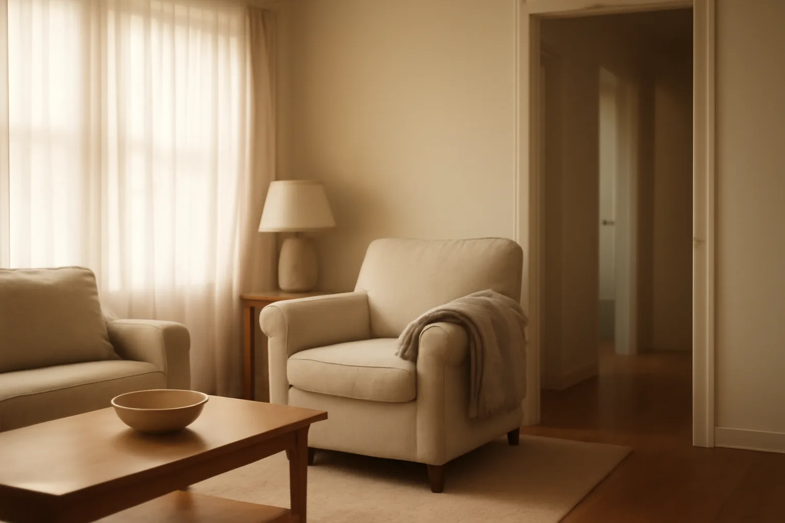 Living room interior of a Virginia assisted living home with accessible hallway and natural light